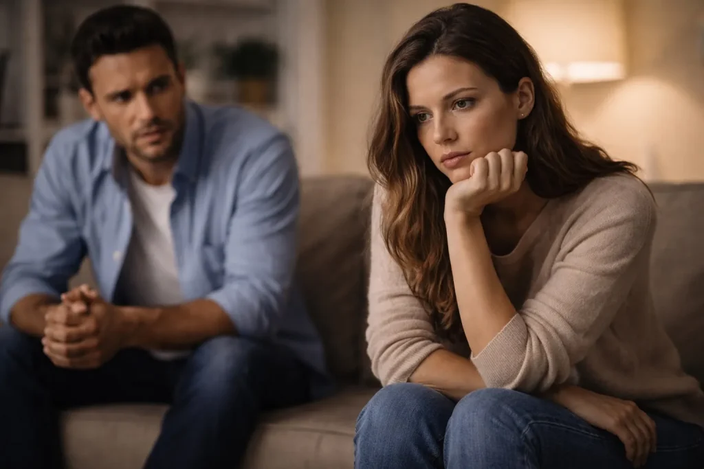 Женщина отстранённо сидит на диване, мужчина пытается поговорить — потеря интереса к хорошему мужчине в отношениях